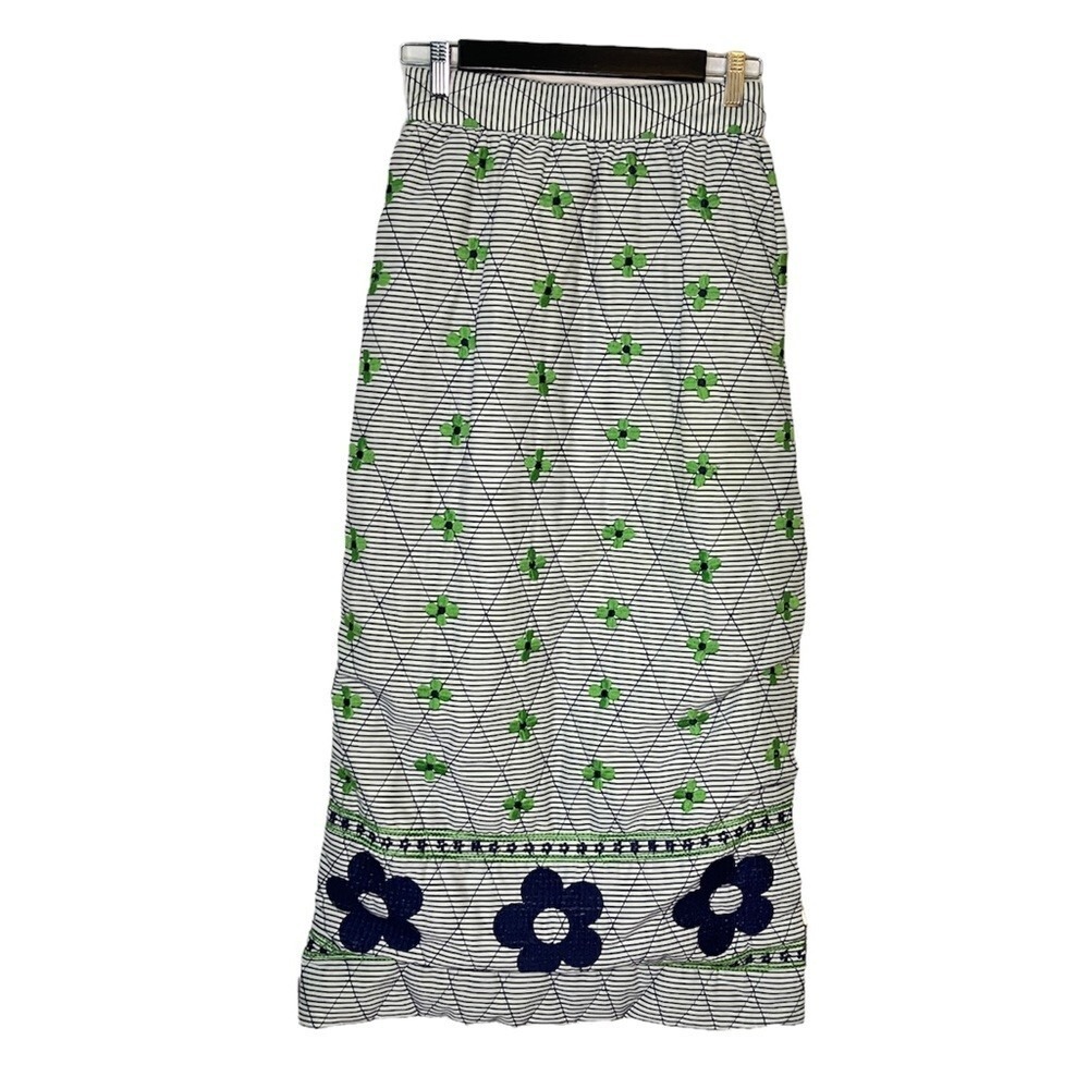 Vintage Quilted Maxi Skirt Navy White Striped Green Floral Embroidered Boho 70s